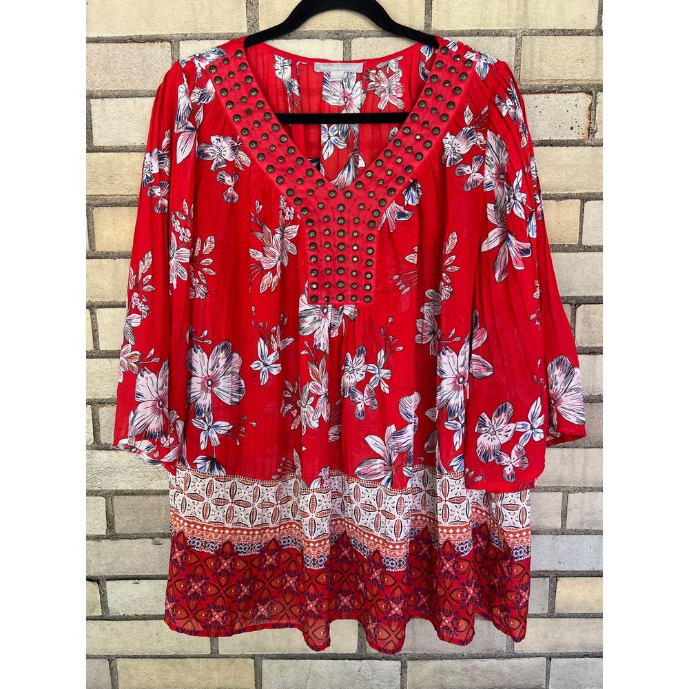 Woman Within Red Floral Pleated Studded‎ V-Neck Tunic Top Size Large 18/20 2X